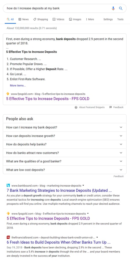 SERP for how do I increase deposits at my bank